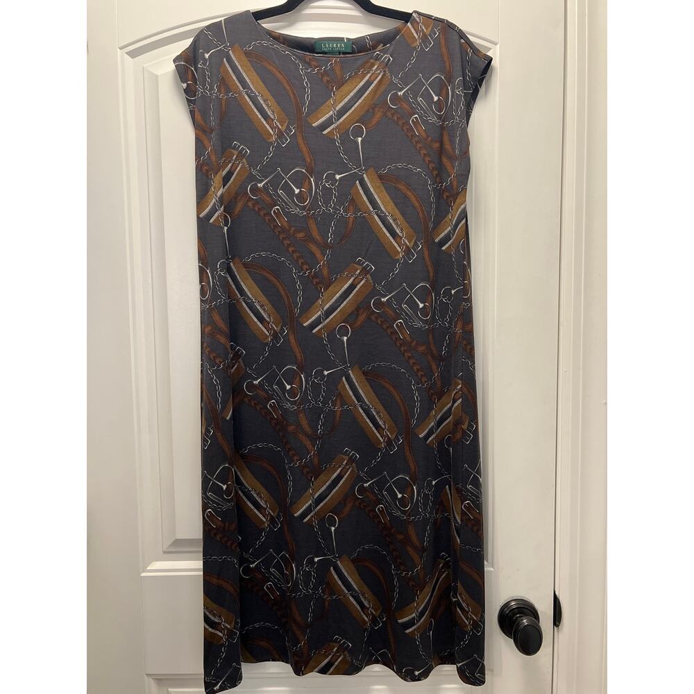 Lauren Ralph Lauren Women Silk Wool Horsebit Equestrian Dress Size 1X Gray Brown